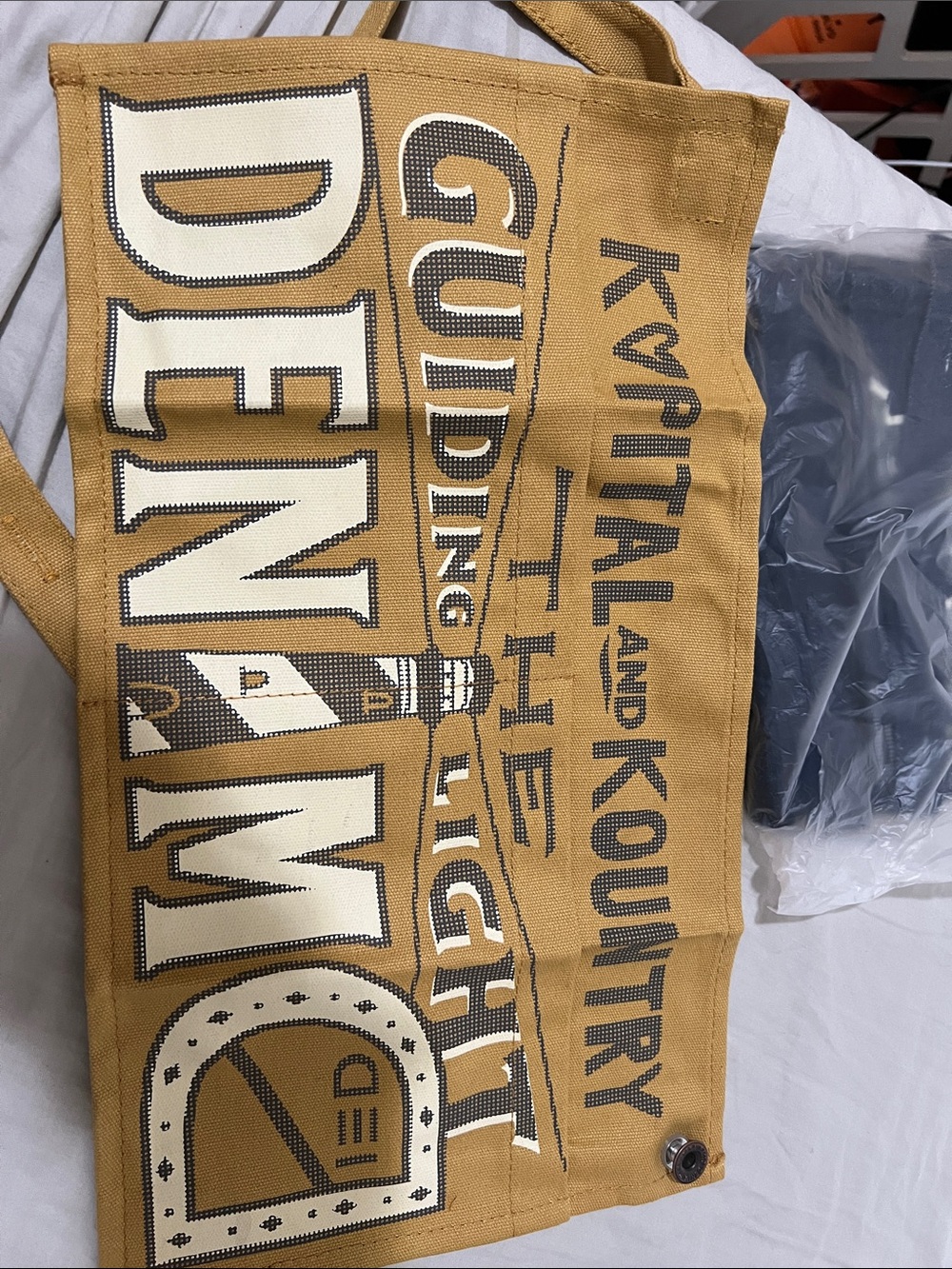 Kapital Mustard Tan Canvas Messenger Bag with White Graphic
